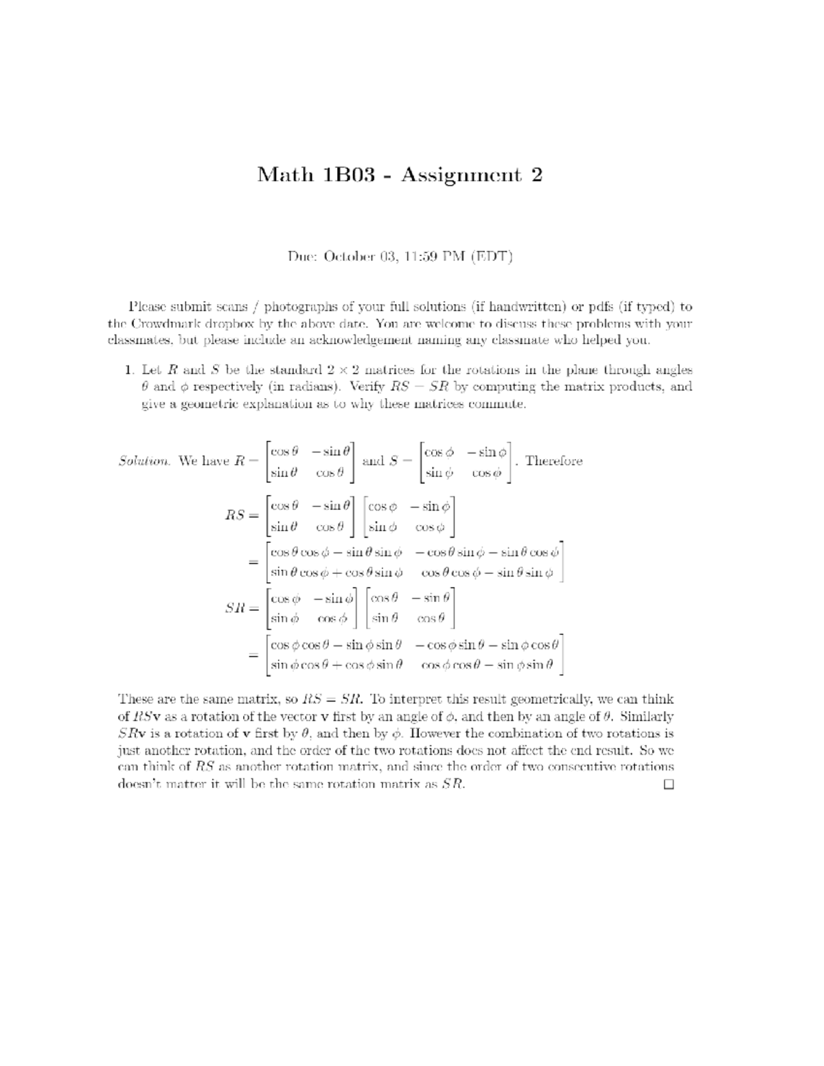 Assignment 2 1B03 with solution - Math 1B03 Assignment 2 Due: October ...