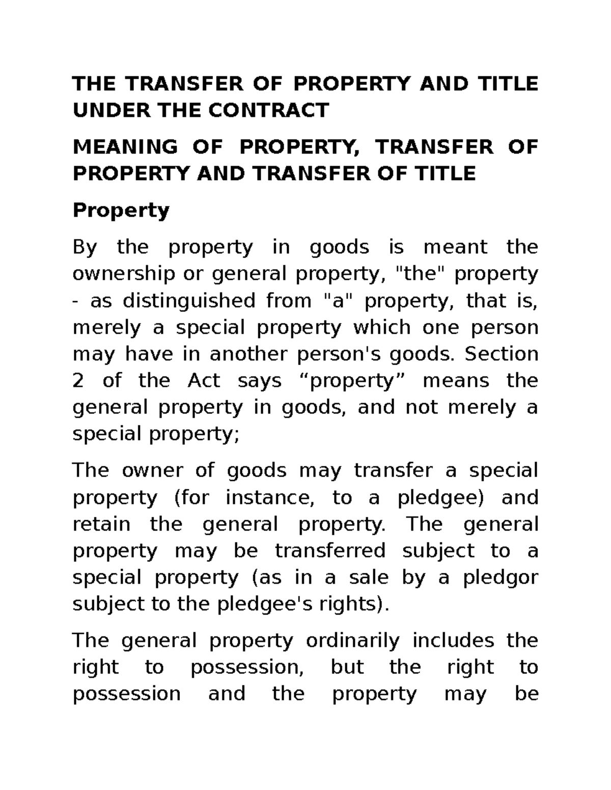 UON COMM LAW LECT 3 - commercial law 2.1 - THE TRANSFER OF PROPERTY AND ...