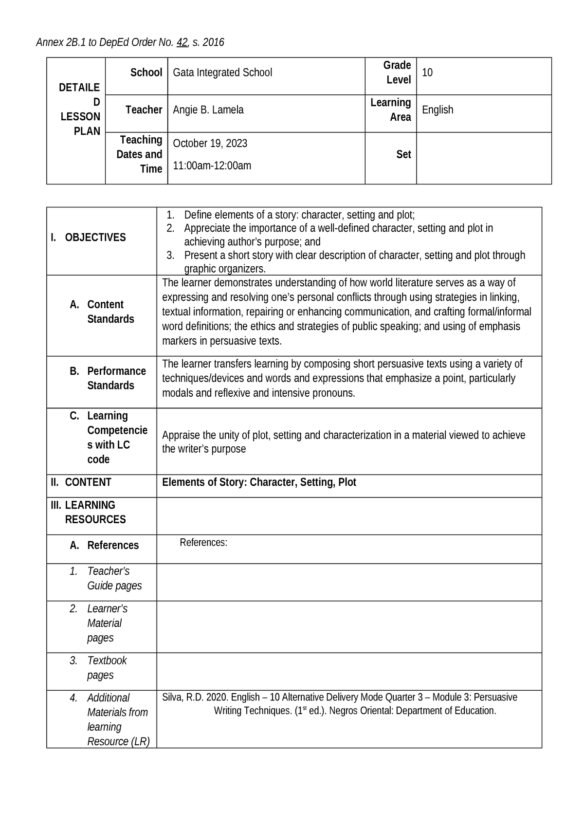 Detailed Lesson Plan For Demo Q1 Annex 2b To Deped Order No 42 S 2016 Detaile D Lesson 2577