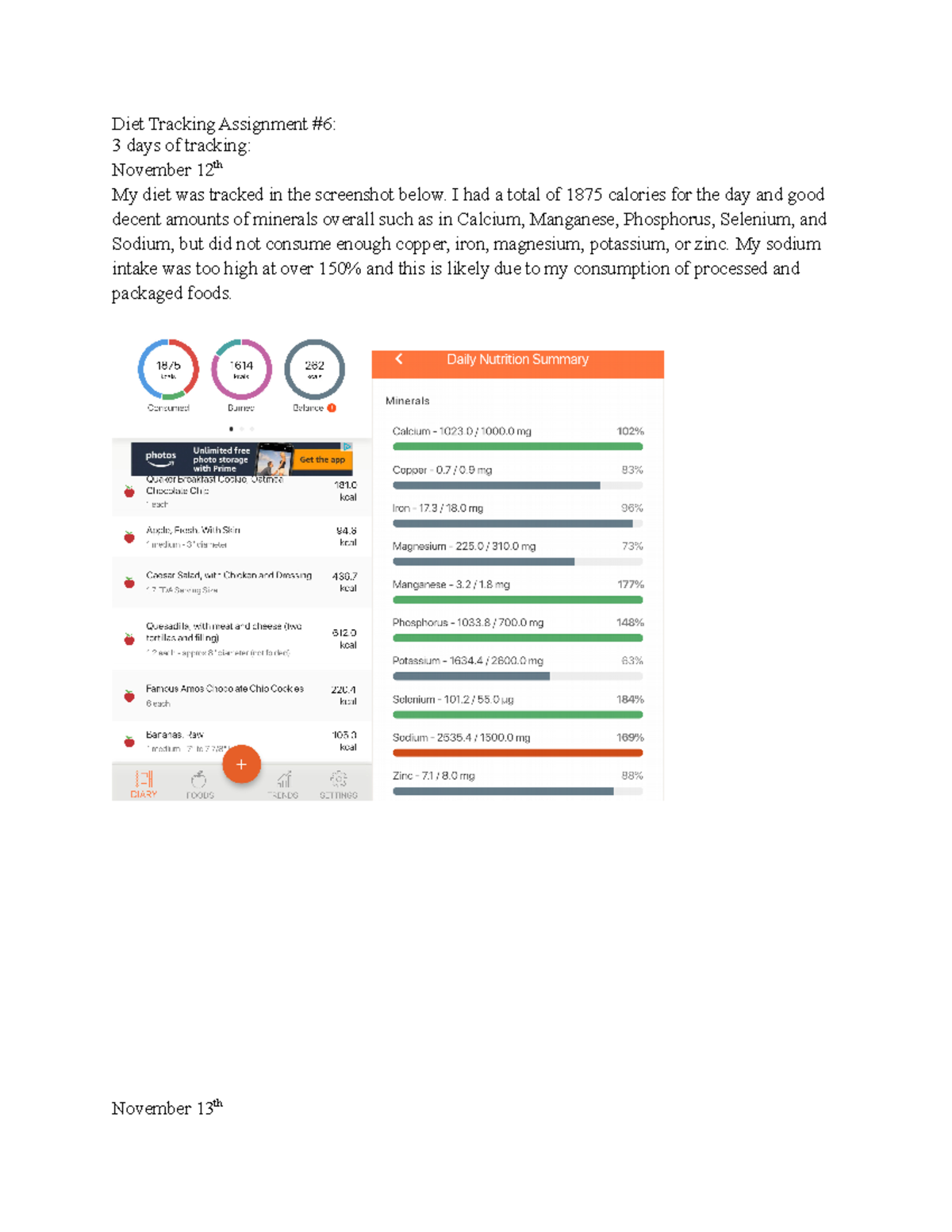 Diet tracking 6 - Diet Tracking Assignment #6: 3 days of tracking ...