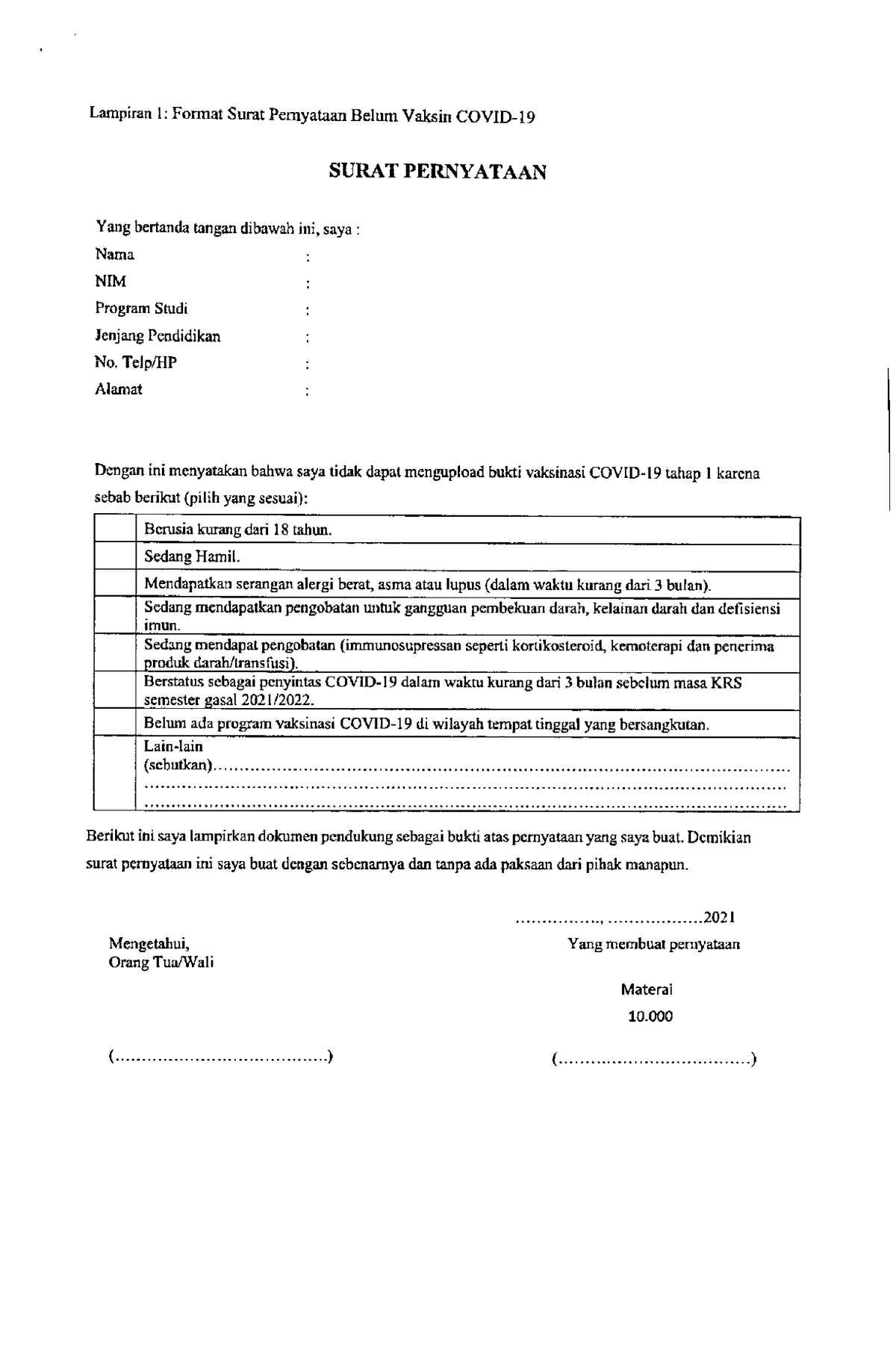 Format Surat Pernyataan Belum Vaksin Covid Format Surat Pernyataan