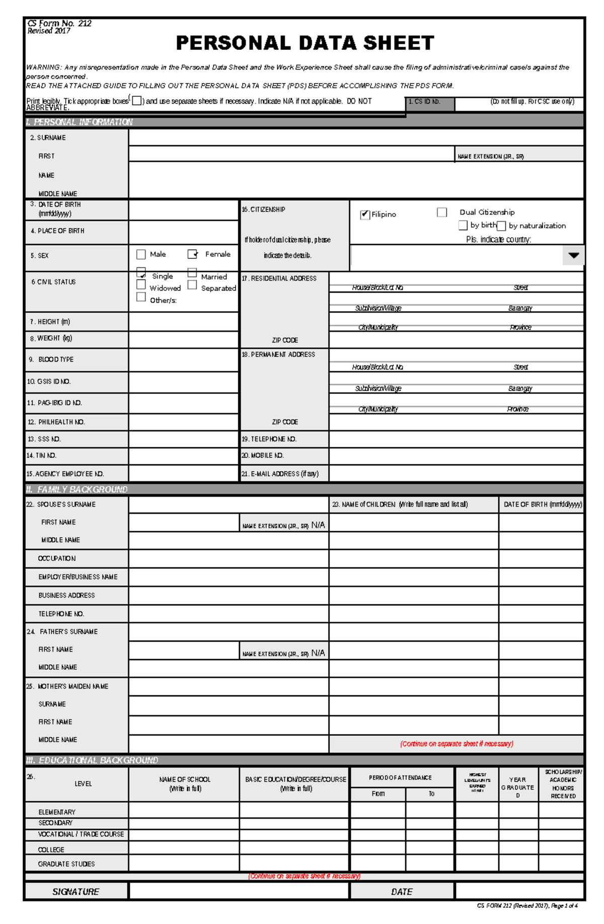 PDS-WITH- Correction - ( CS Form No. 212 Revised 2017 PERSONAL DATA ...