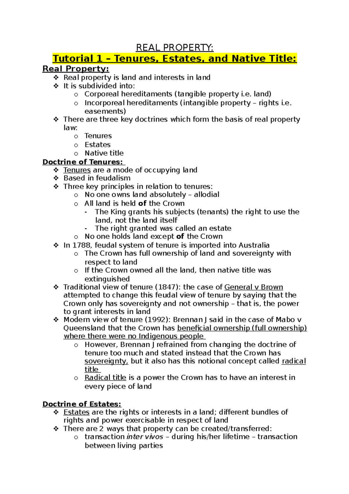 Real Property Notes - REAL PROPERTY: Tutorial 1 – Tenures, Estates, and ...