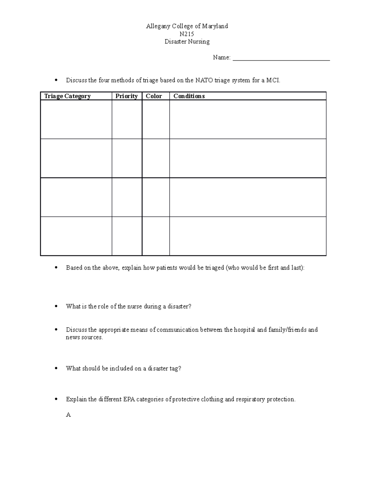 Disaster Nursing Worksheet - Allegany College of Maryland N Disaster ...