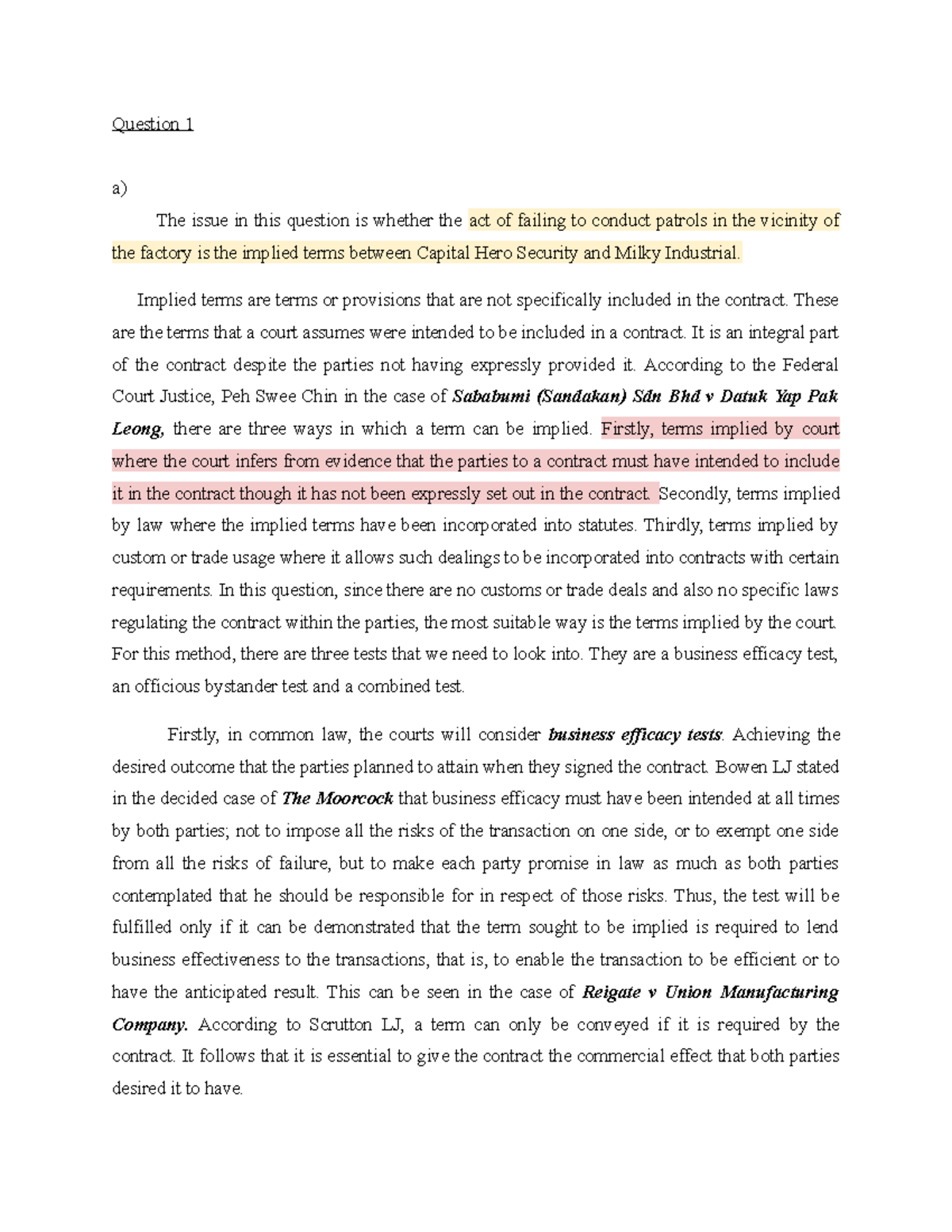 Tutorial Contract - Question 1 A) The Issue In This Question Is Whether ...