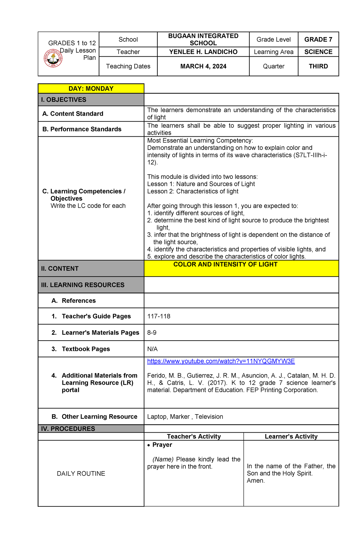 G7 Lesson PLAN - Light - GRADES 1 to 12 Daily Lesson Plan School BUGAAN ...