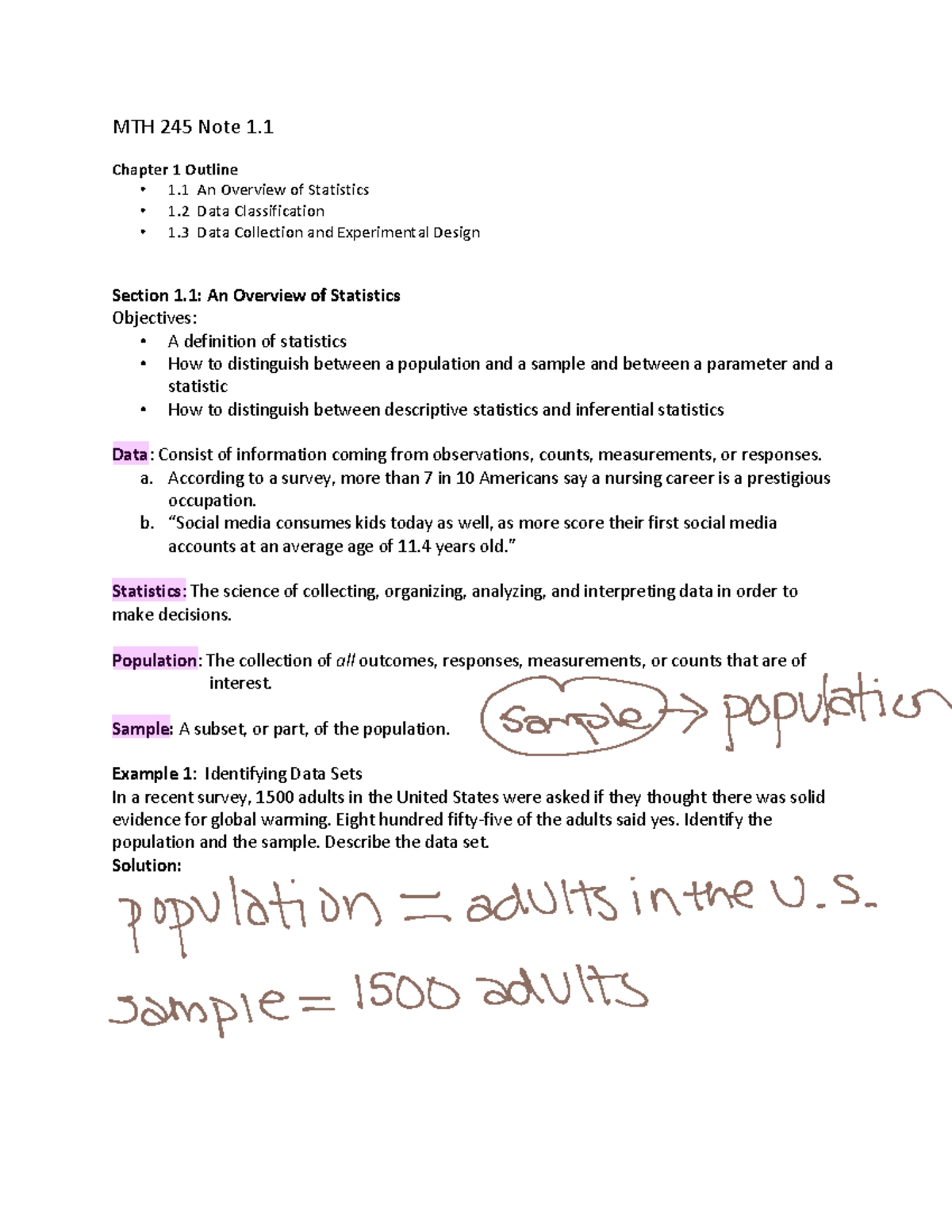 Chapter 1 Statistics Lecture Notes Mth 245 Note 1 Chapter 1 Outline