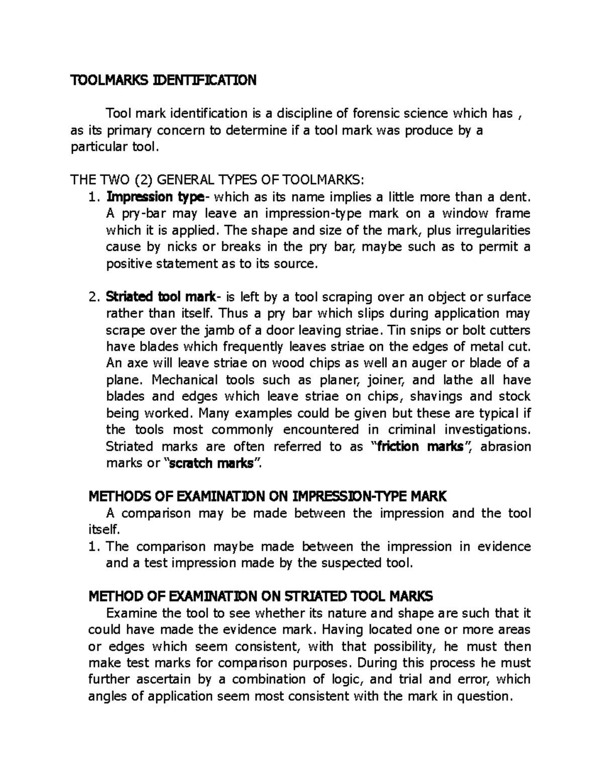 Principles in Bullet and Shell Identification TOOLMARKS