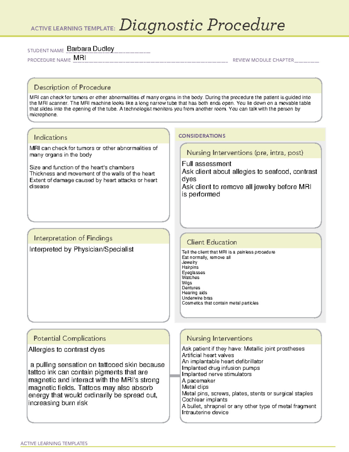 Diagnostic Procedure MRI Completed ACTIVE LEARNING TEMPLATES