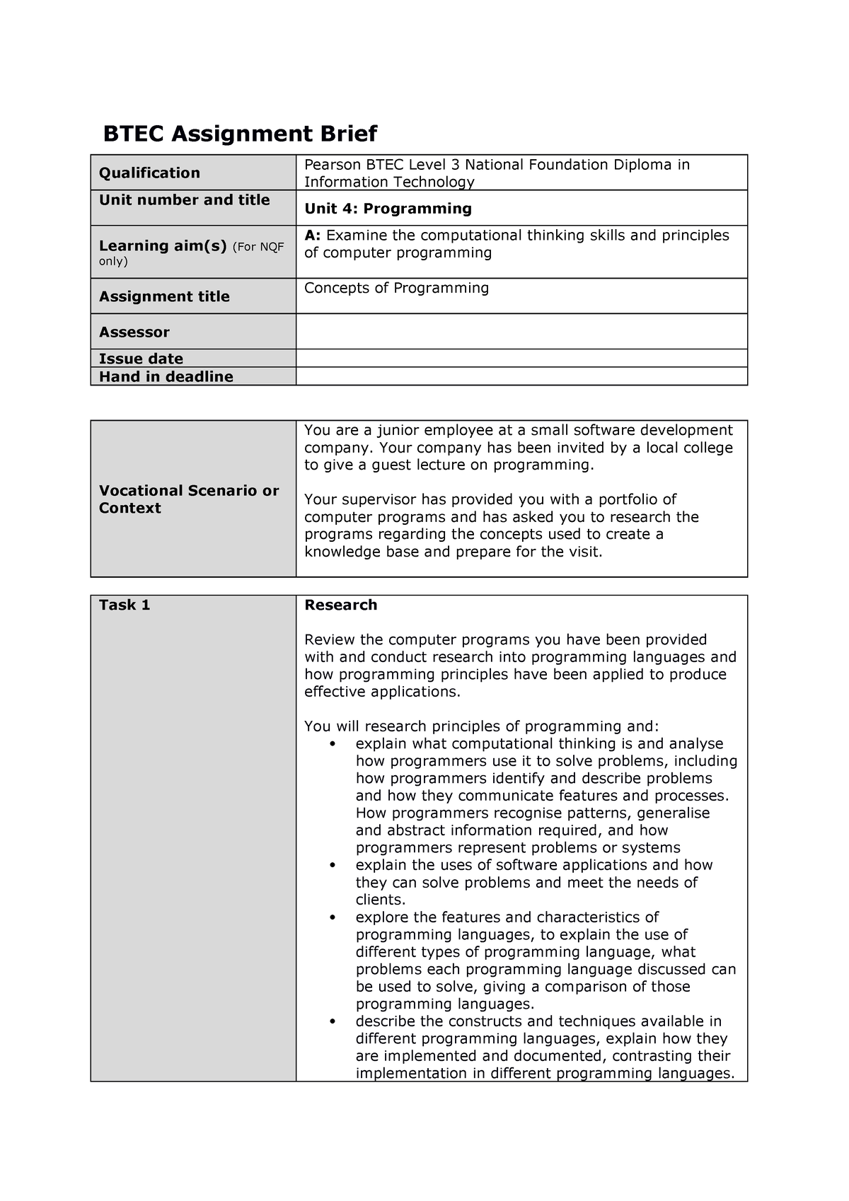 btec iv assignment brief form