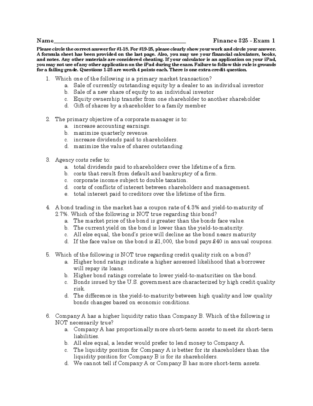 Finance Practise Questions Sheet - Name ...