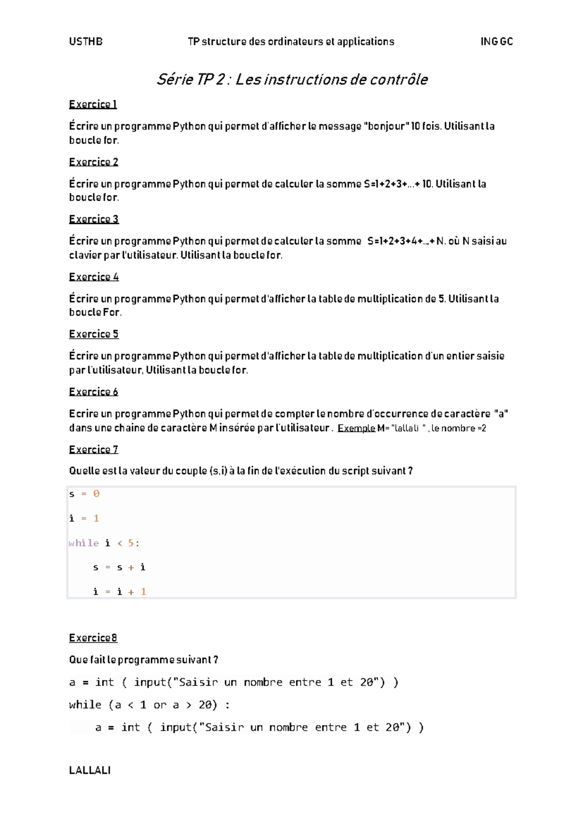 Série TP 2 Les instructions de contrôle - Série TP 2 : Les instructions ...