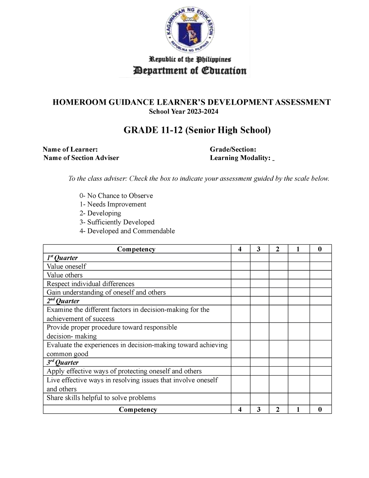 Homeroom Guidance Learners Development Assessment S Enior H Igh School Deped Tambayan 