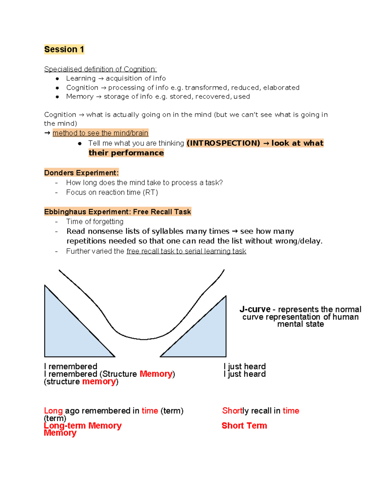 PSY294 Notes - Session 1 Specialised definition of Cognition: Learning ...