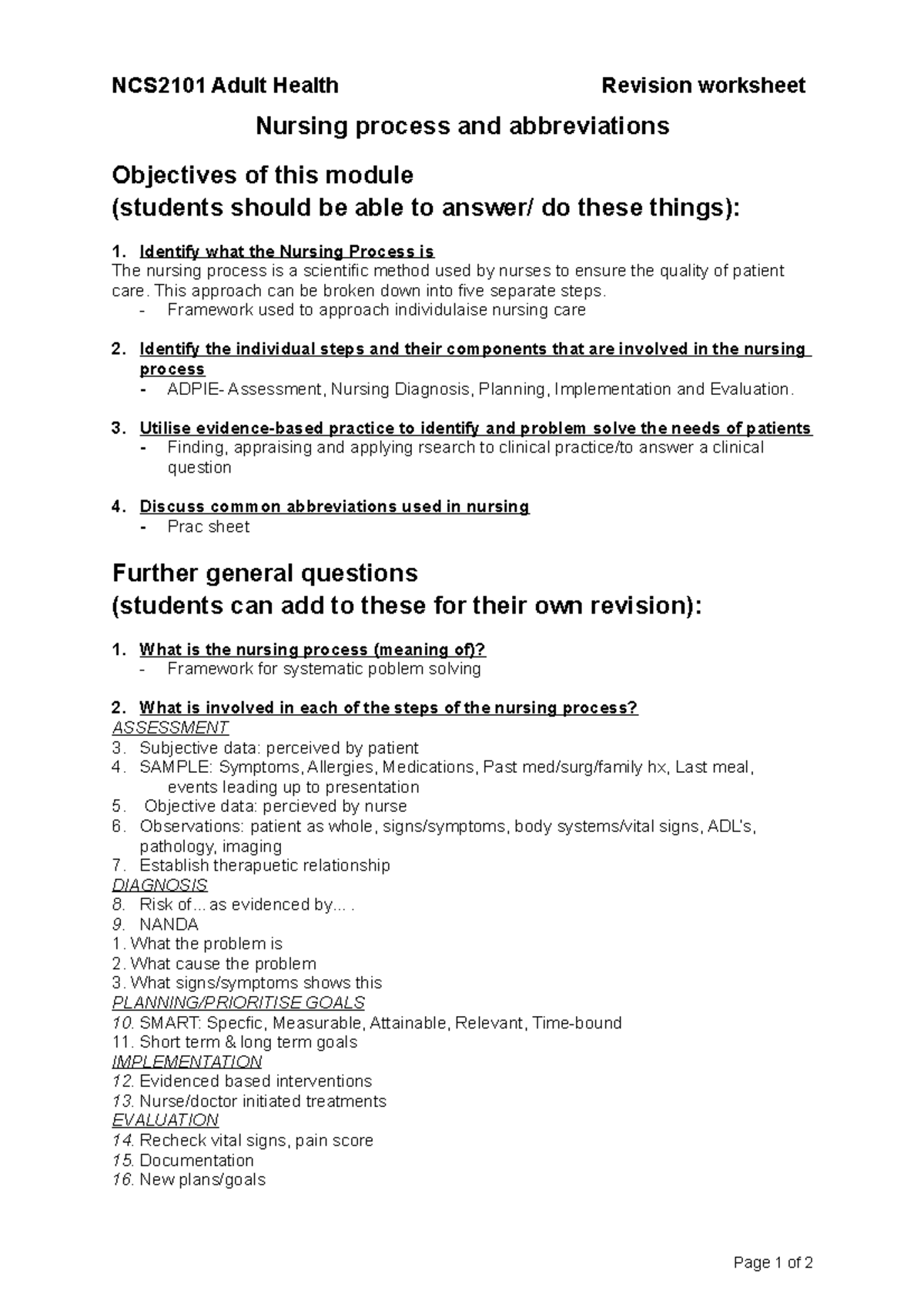 w1-nursing-process-and-abbreviations-ncs2101-adult-health-revision