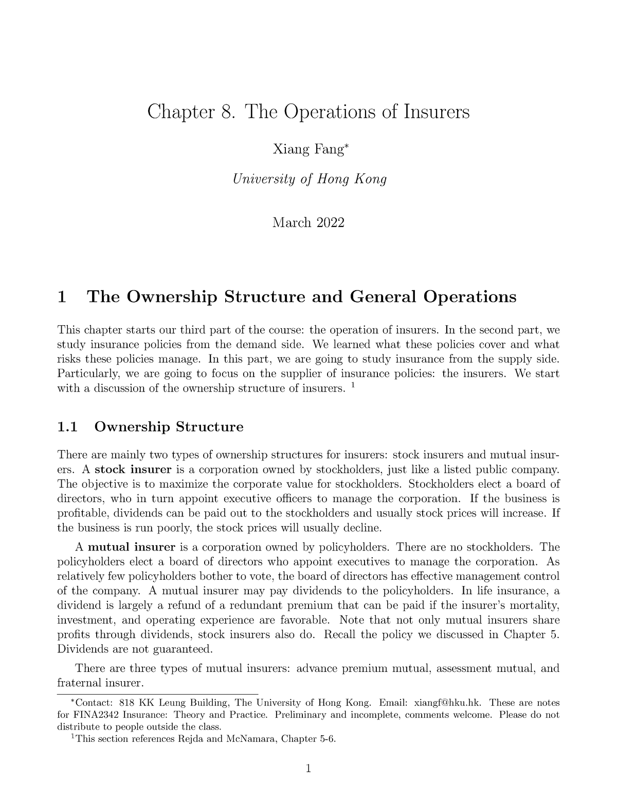 Chapter 8 - Lecture Notes - Chapter 8. The Operations Of Insurers Xiang ...