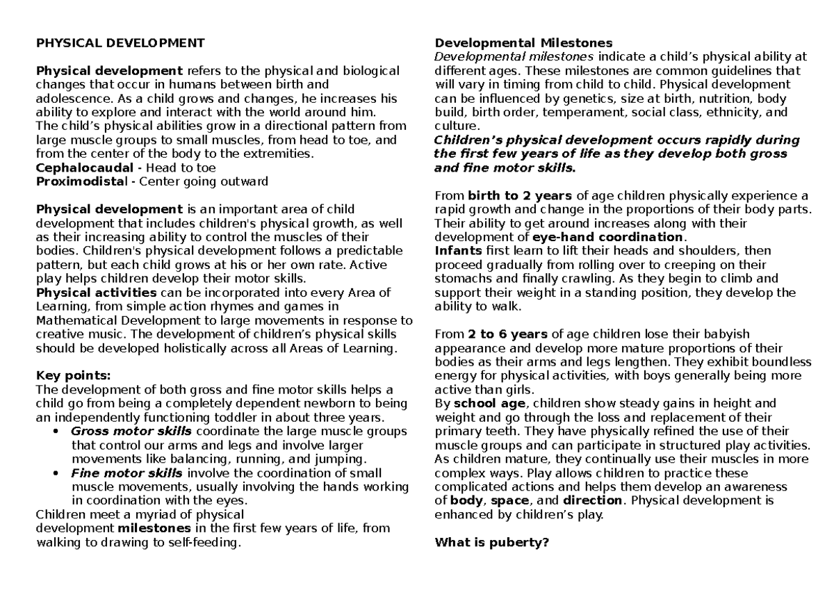 Physical Development - PHYSICAL DEVELOPMENT Physical development refers ...