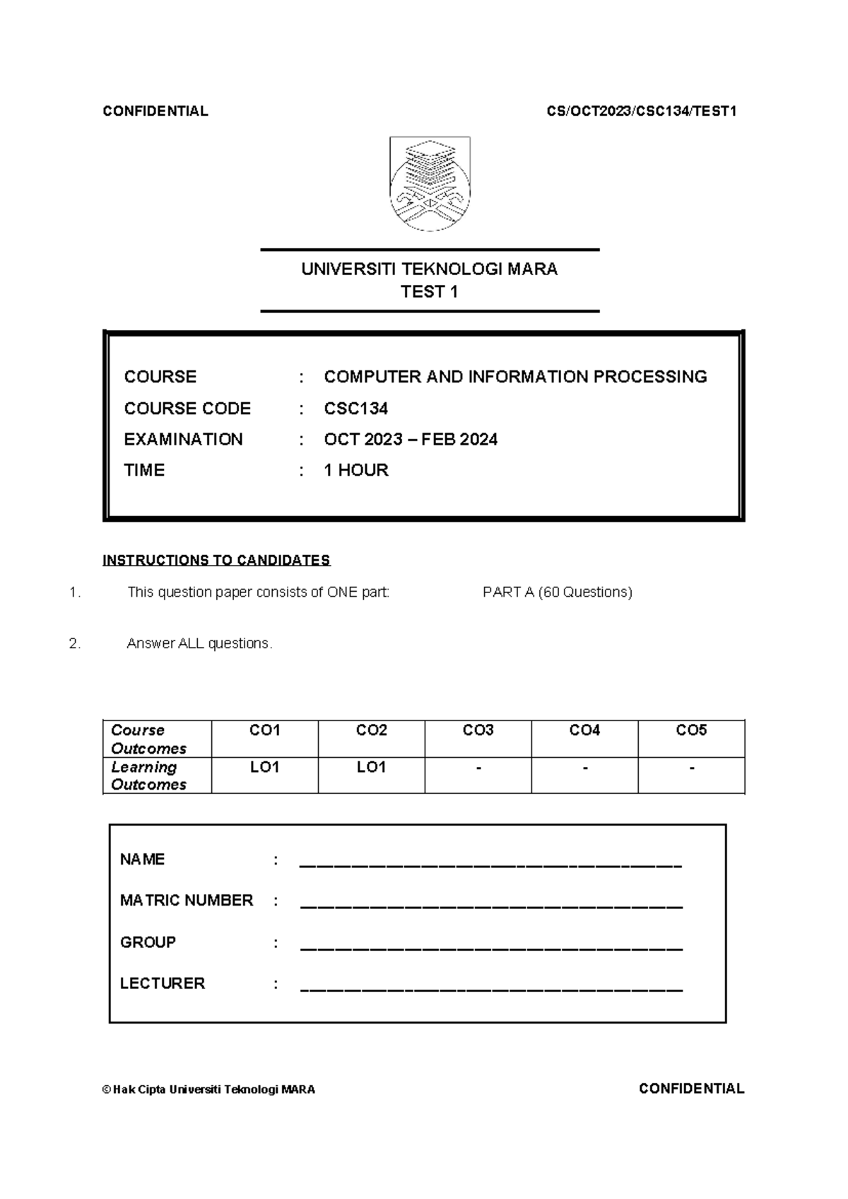 Test 1 CSC134 OCT2023 - Q - UNIVERSITI TEKNOLOGI MARA TEST 1 COURSE ...