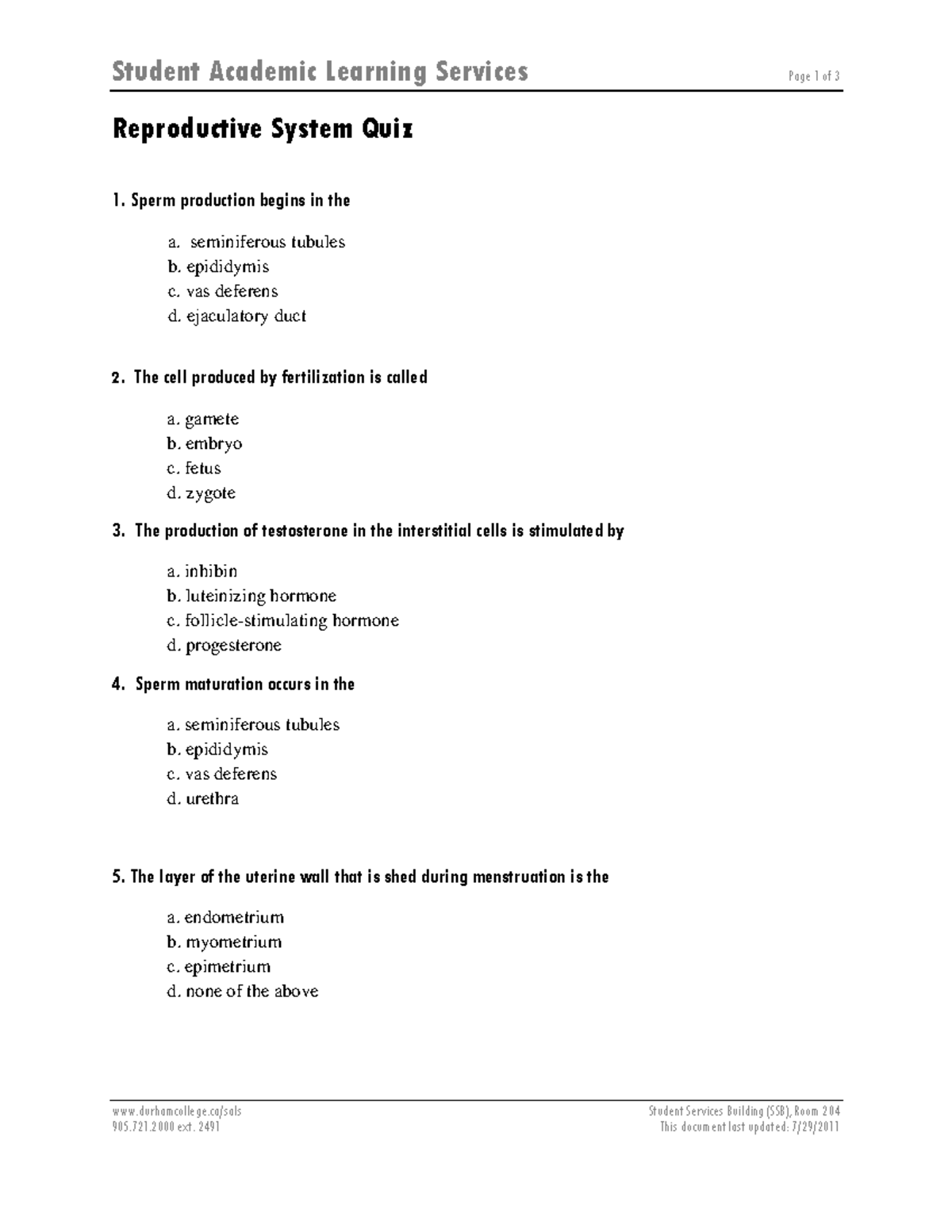 ReproductiveSystemQuiz Student Academic Learning Services Page 1 of
