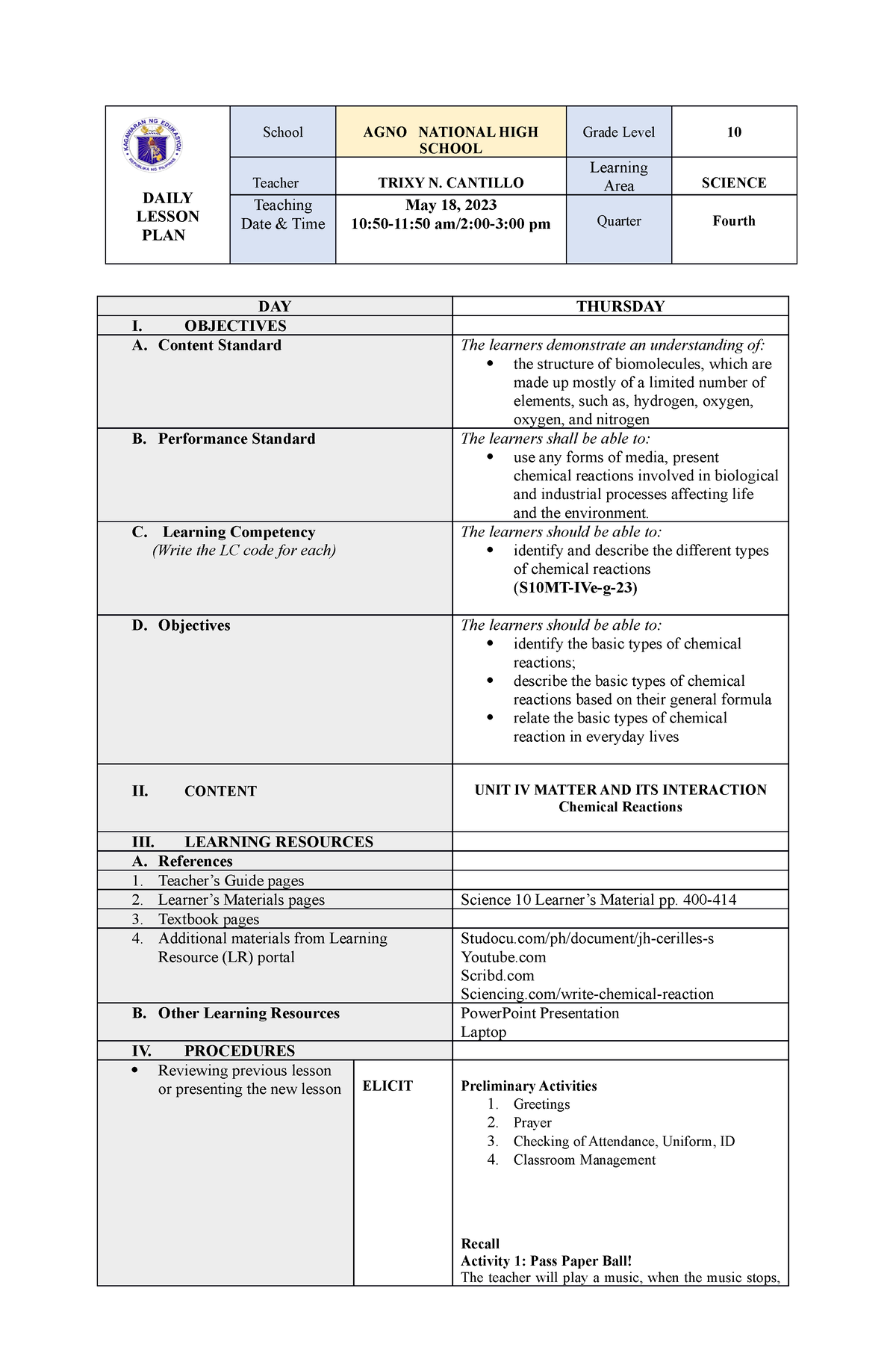 DLP DEMO Detailed - lesson plan - DAILY LESSON PLAN School AGNO ...