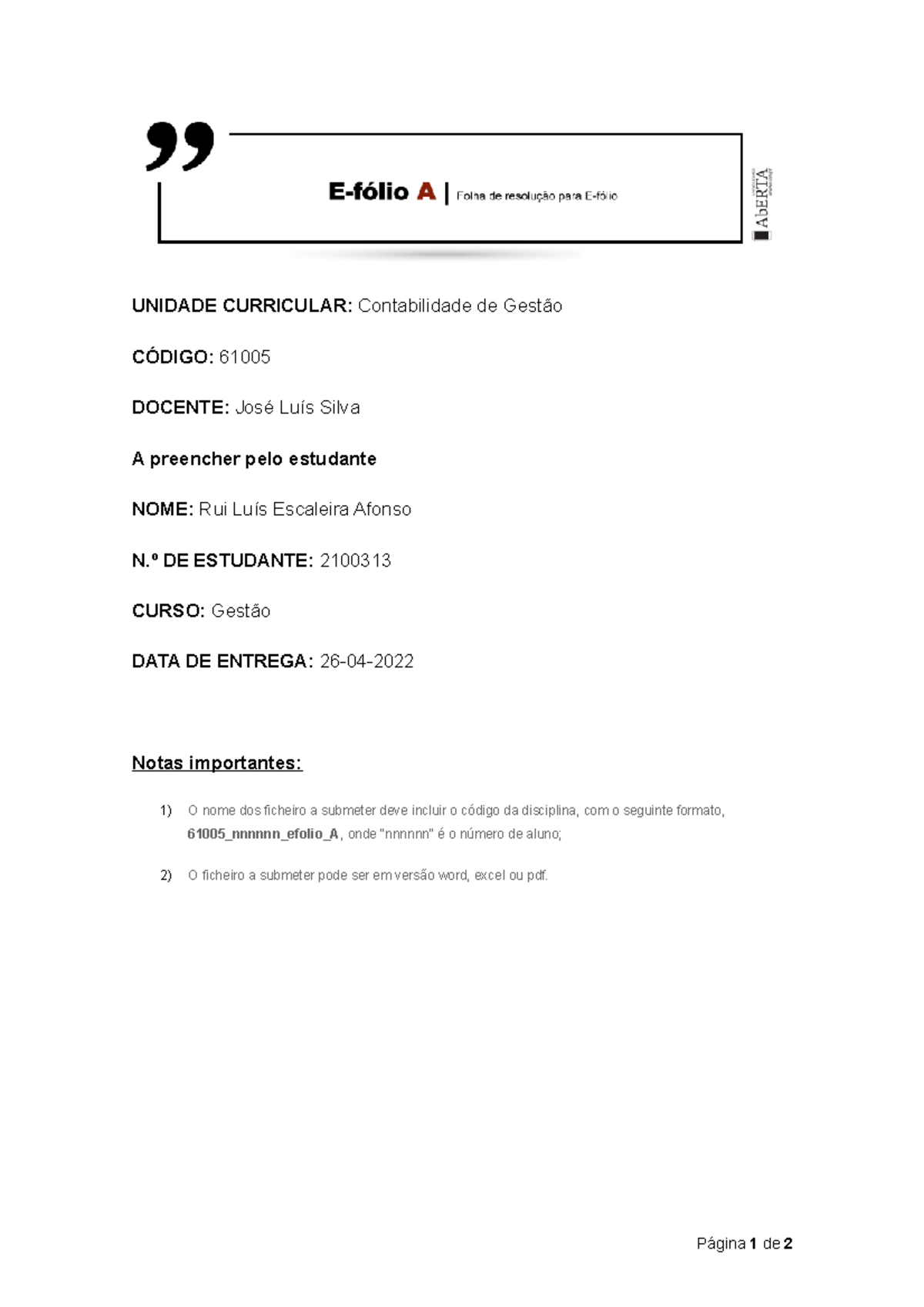 61005 2100313 efolio A Contabilidade de Gestão UAb Studocu