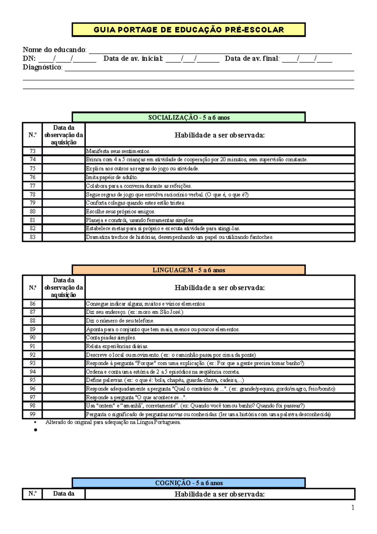 GUIA Portage - 5 A 6 ANOS - PROTOCOLO - GUIA PORTAGE DE EDUCAÇÃO PRÉ ...