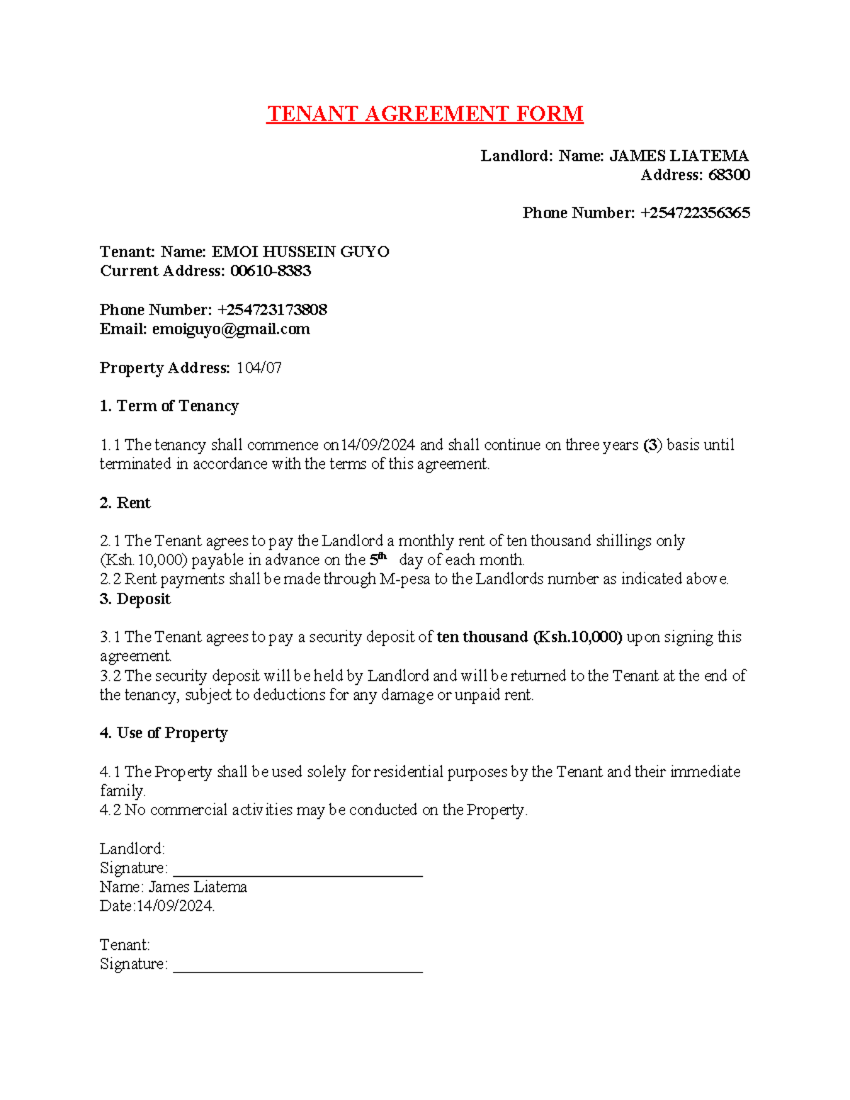 Tenant Agreement FORM - vgghcgcghcgcv - TENANT AGREEMENT FORM Landlord ...