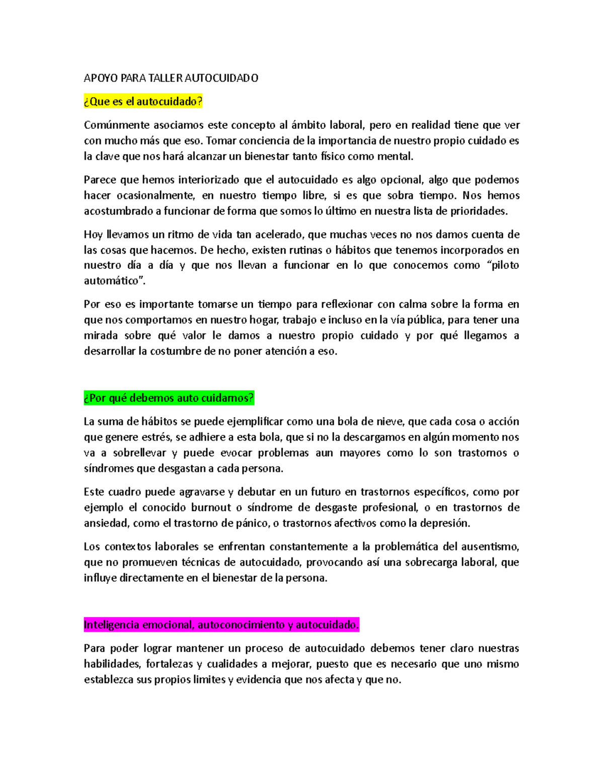 Que Decir Taller 1 Autocuidado - APOYO PARA TALLER AUTOCUIDADO Es El ...