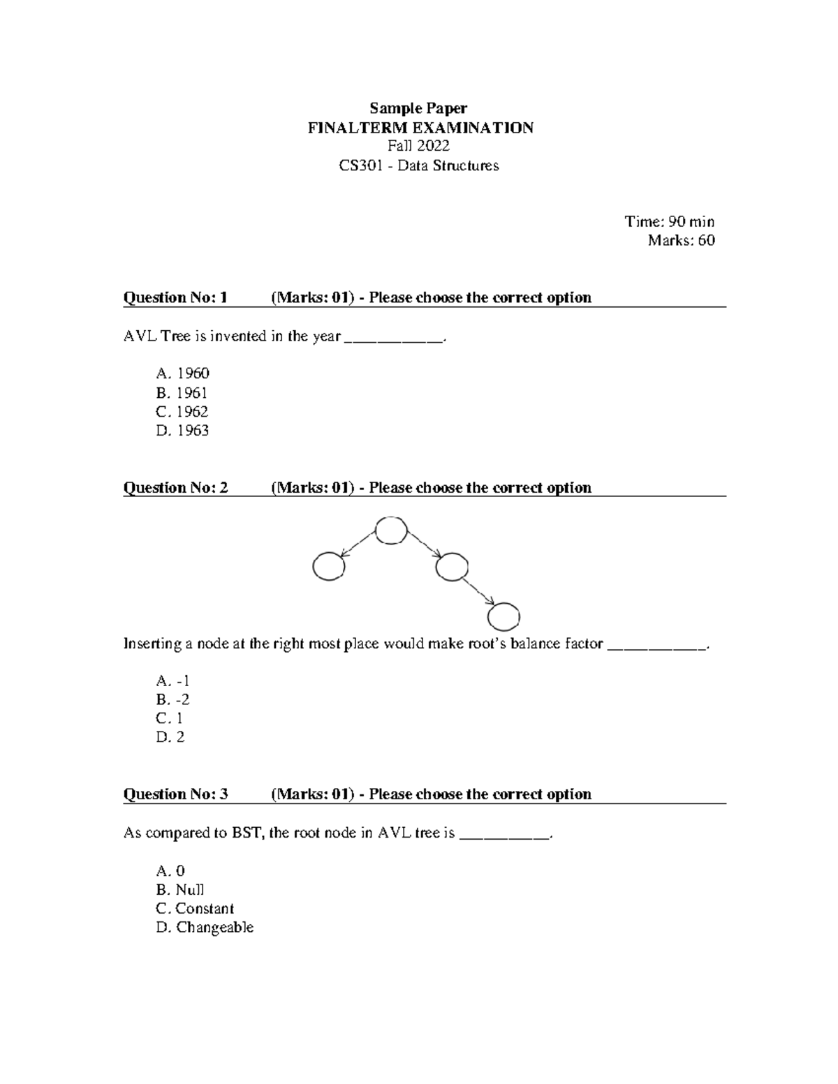 CS301 - Sample Paper (Final Term) Fall 2022 - Sample Paper FINALTERM ...