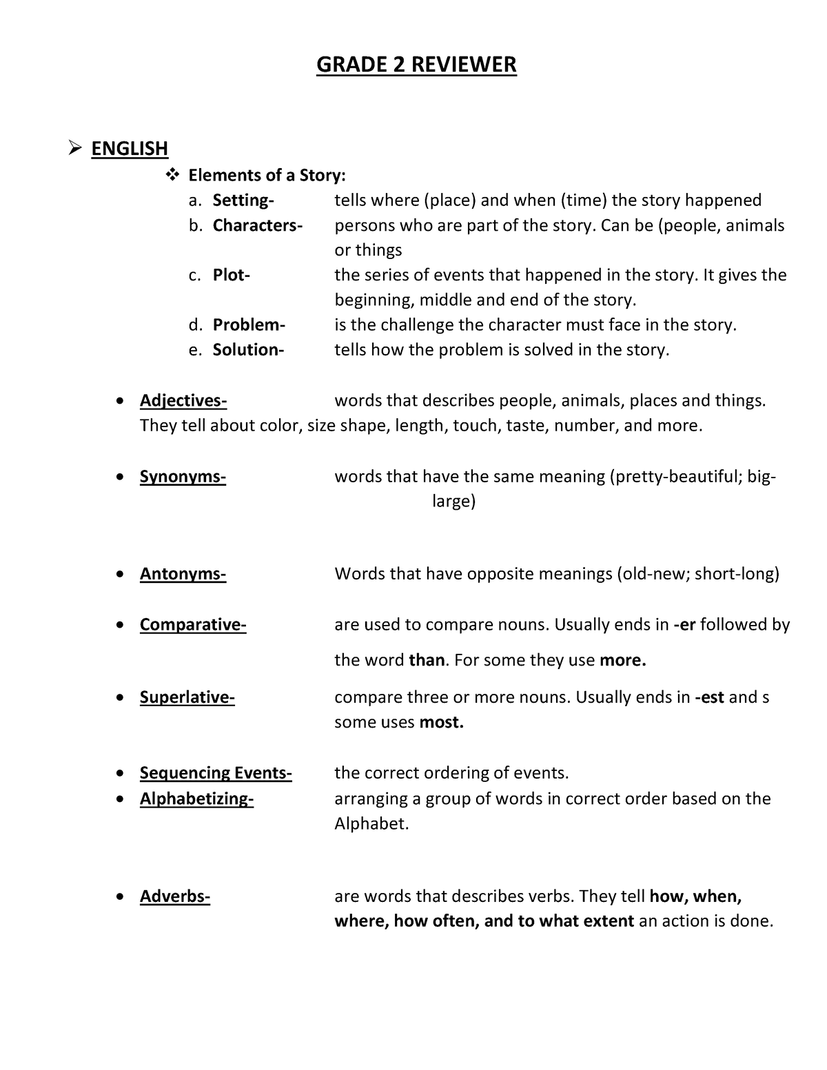 Grade 2 Reviewer computer and AP - GRADE 2 REVIEWER ENGLISH Elements of ...