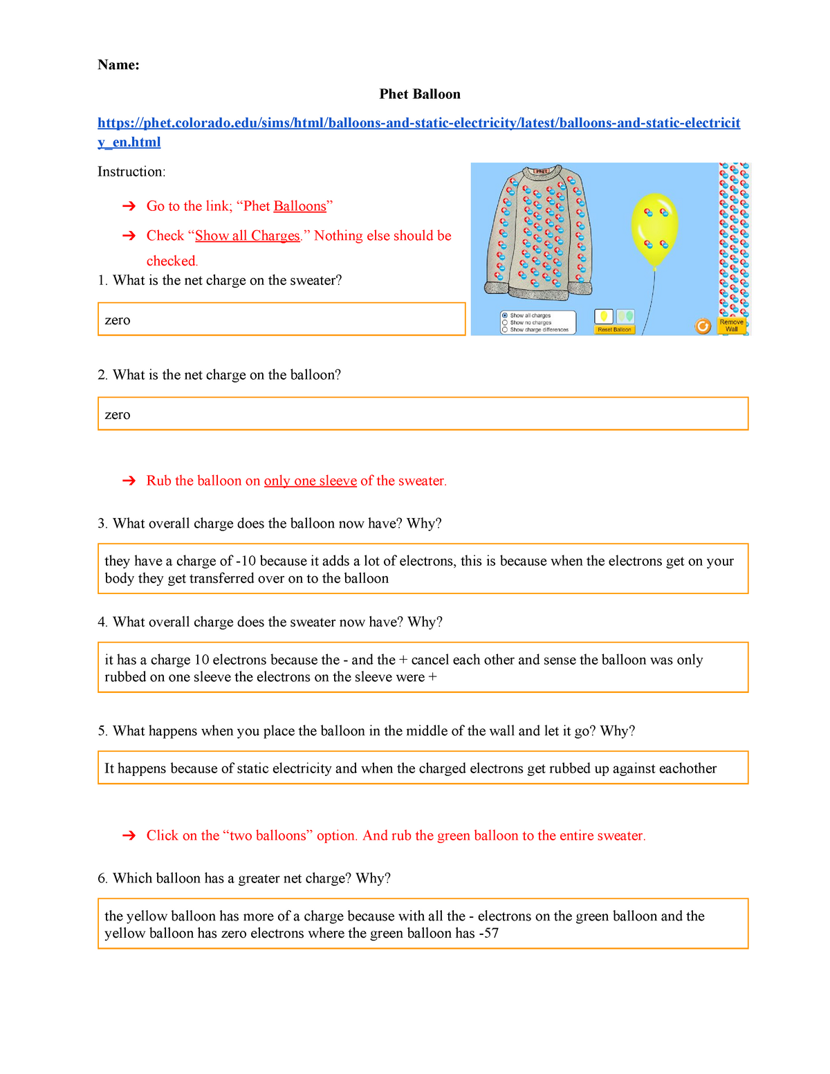 Jake Addy - 21c) Static Electricity Ph ET - Name: Phet Balloon Regarding Static Electricity Worksheet Answers