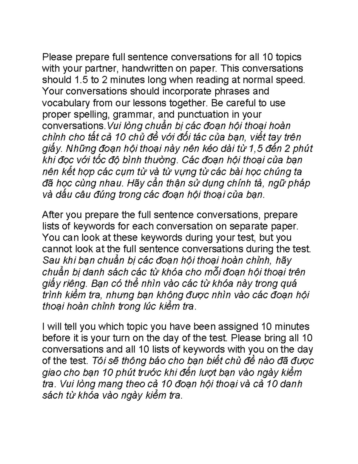 Speaking Test Instructions 2 - Please prepare full sentence ...