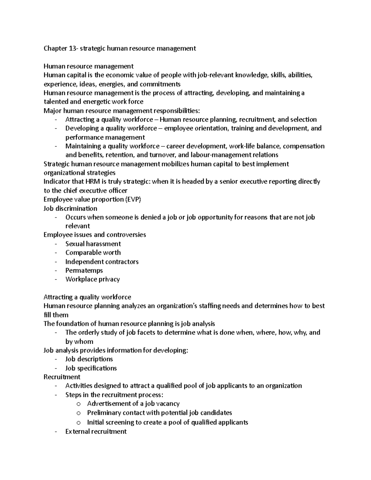 lecture notes 13- management - Chapter 13- strategic human resource ...