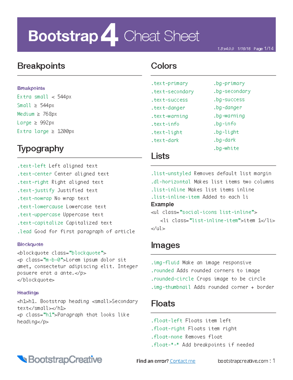 Bootstrap 4 Cheat Sheet All Classes Reference - 1:v4.0 1/18/18 Page 1 ...