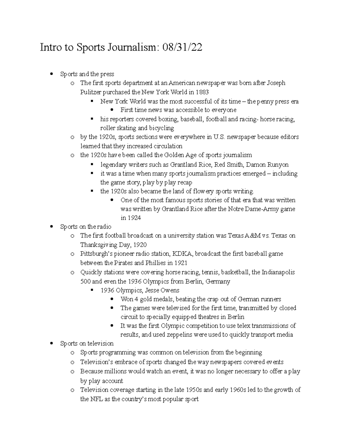 JOU 208 Intro into Media Intro to Sports Journalism 08/31/ Sports