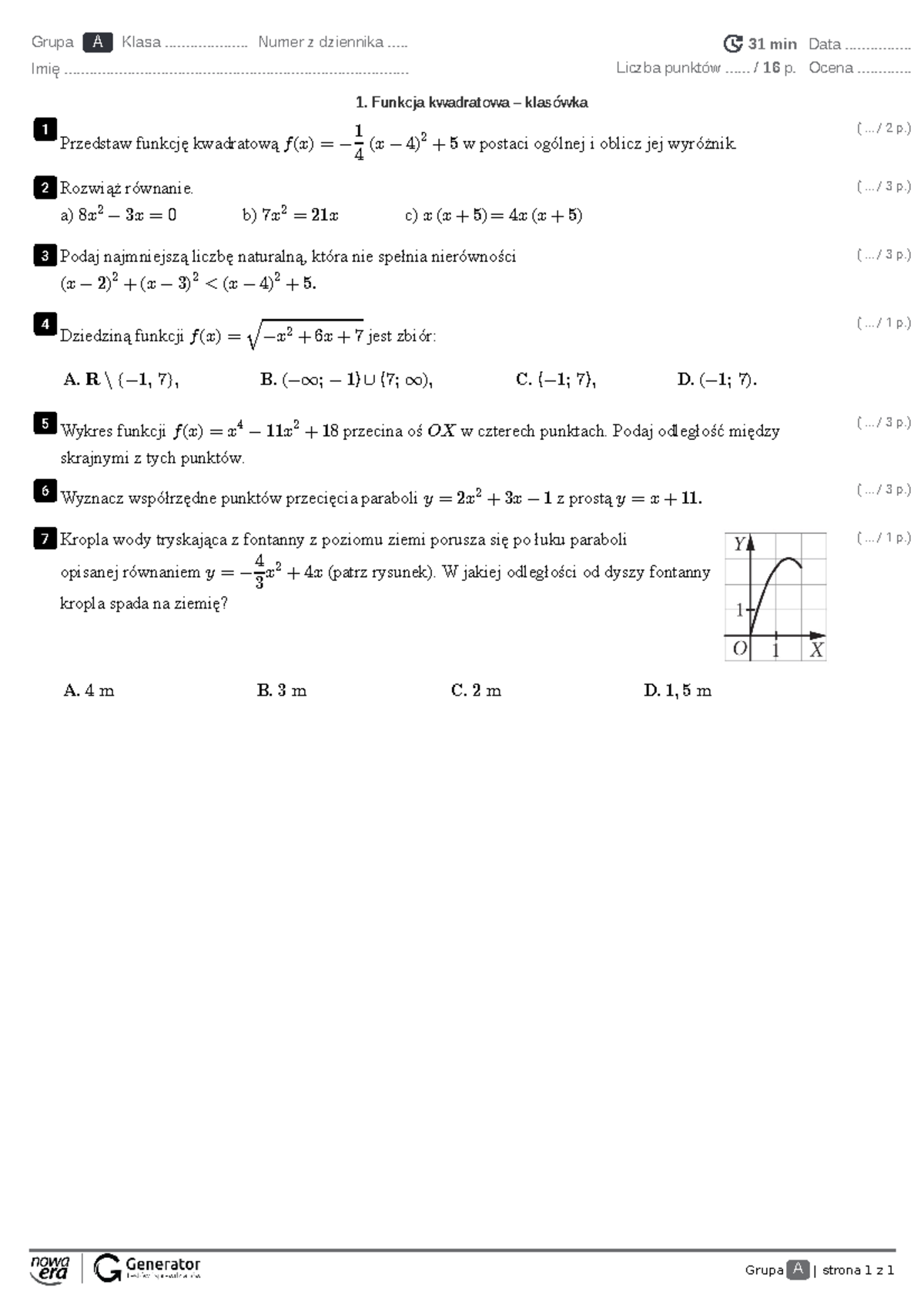 Funkcja Kwadratowa Grupa A Strona 1 Z 1 Grupa A Klasa Numer Z Dziennika 5212