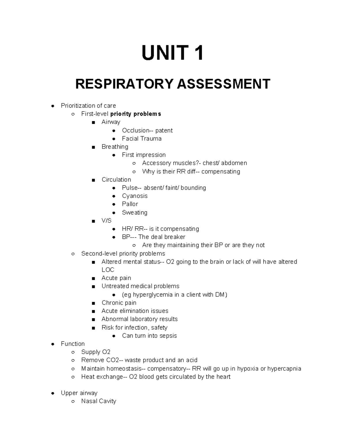 232 unit 1 - Lecture notes unit 1 - UNIT 1 RESPIRATORY ASSESSMENT ...