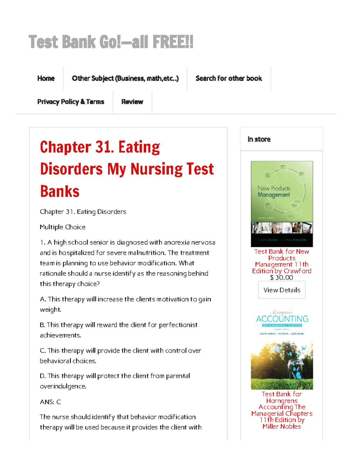 Exam 2 Chapter 31. Eating Disorders - Test Bank Go!—all FREE!! Chapter ...