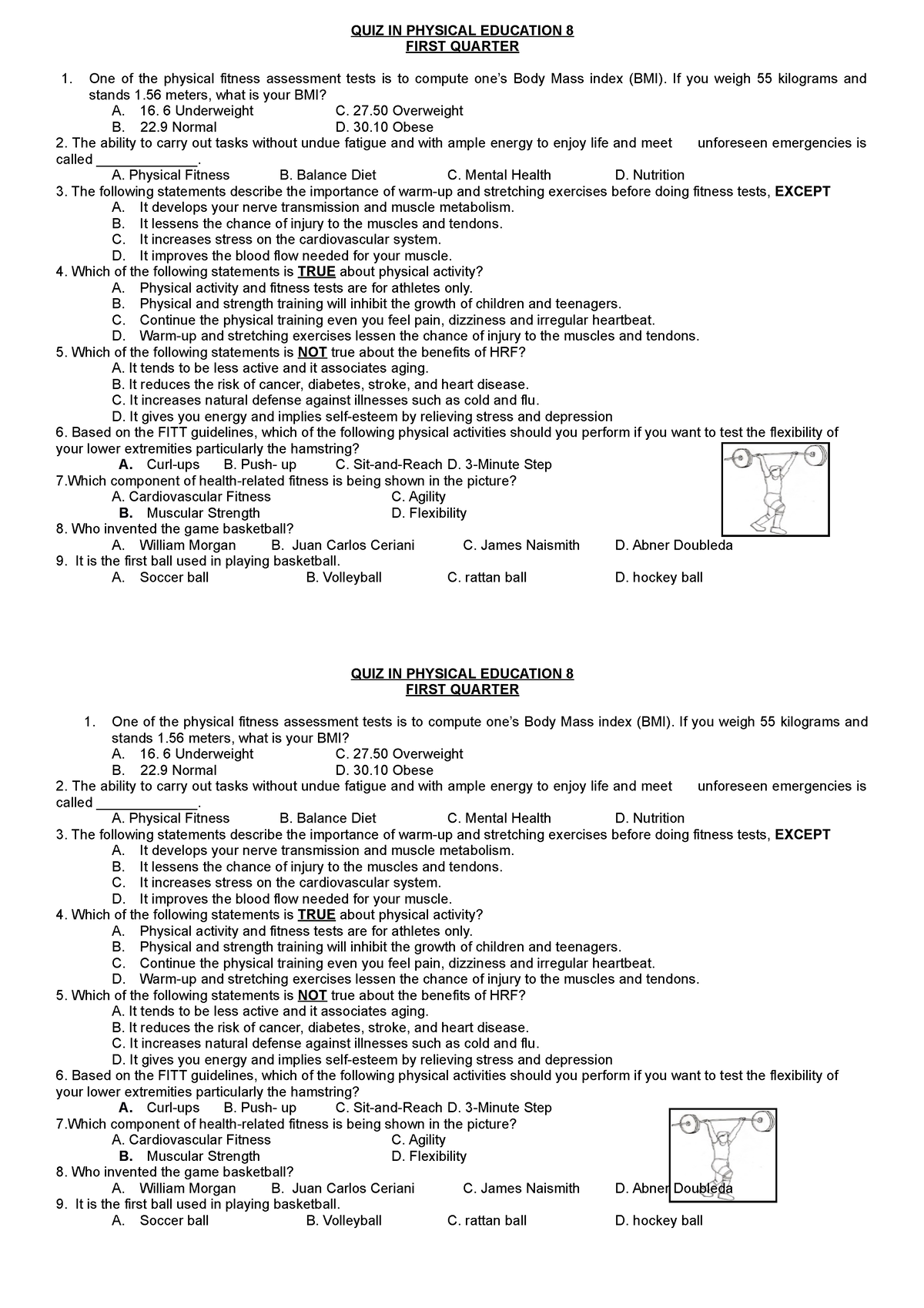 QUIZ IN Physical Education 8 - QUIZ IN PHYSICAL EDUCATION 8 FIRST ...