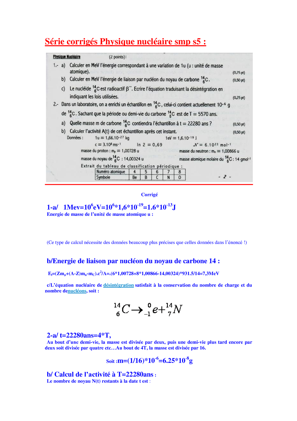 Physique Nucléaire TD 02 - Série Corrigés Physique Nucléaire Smp S5 ...