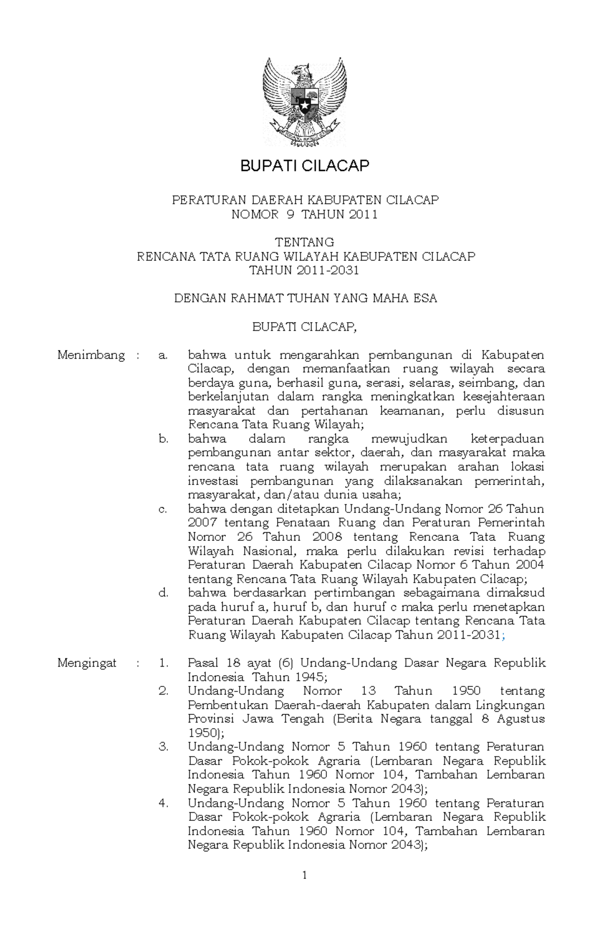 Perda 9 Tahun 2011 RTRW KAB Cilacap - BUPATI CILACAP PERATURAN DAERAH ...
