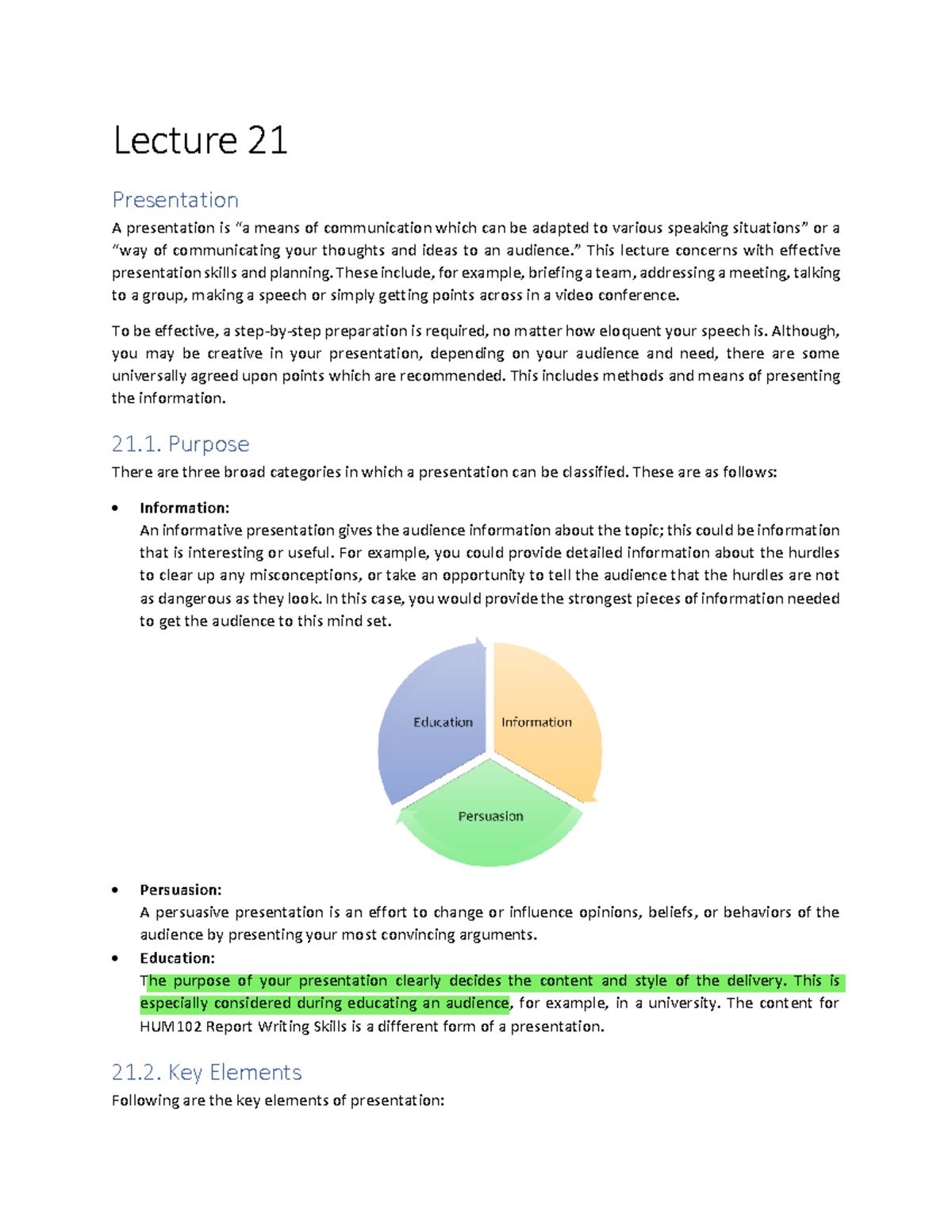 HUM102 Handouts Lecture 21 - Lecture 21 Presentation A presentation is ...