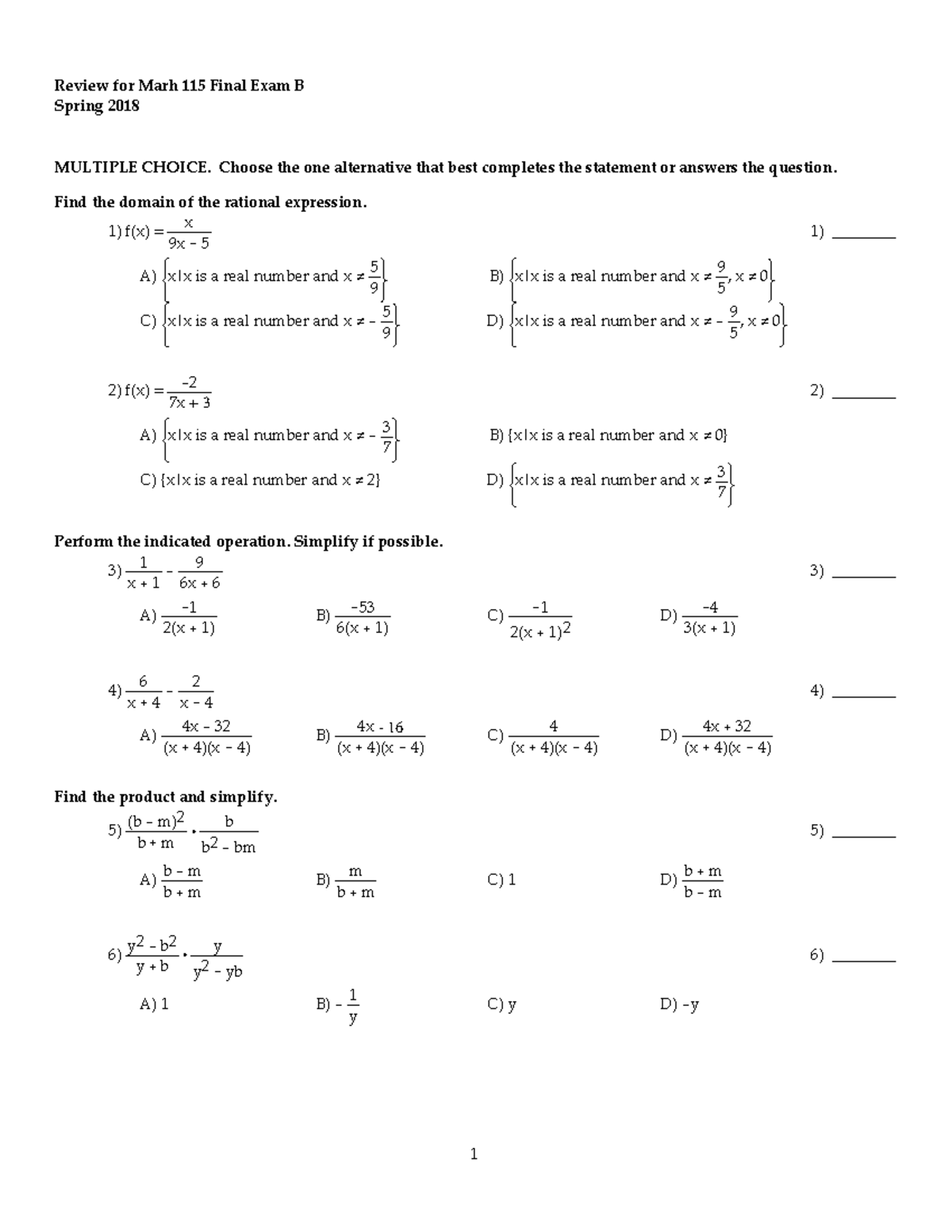 Math 115 Final Exam Review B Sp18 - **Review for Marh 115 Final Exam B ...