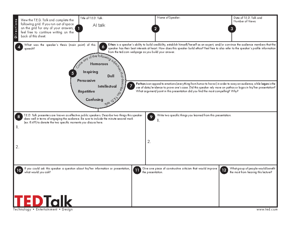 TED Talks analysis - ted tal - TEDTalk View the T.E. Talk and complete ...