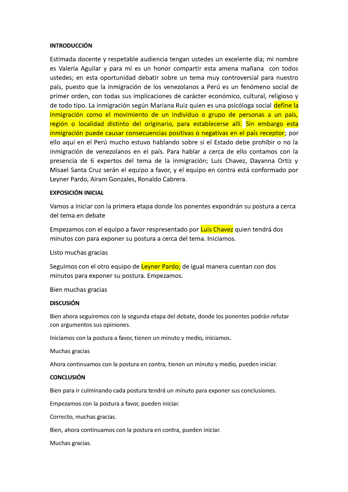 Desarrollo Debate - INTRODUCCIÓN Estimada docente y respetable ...