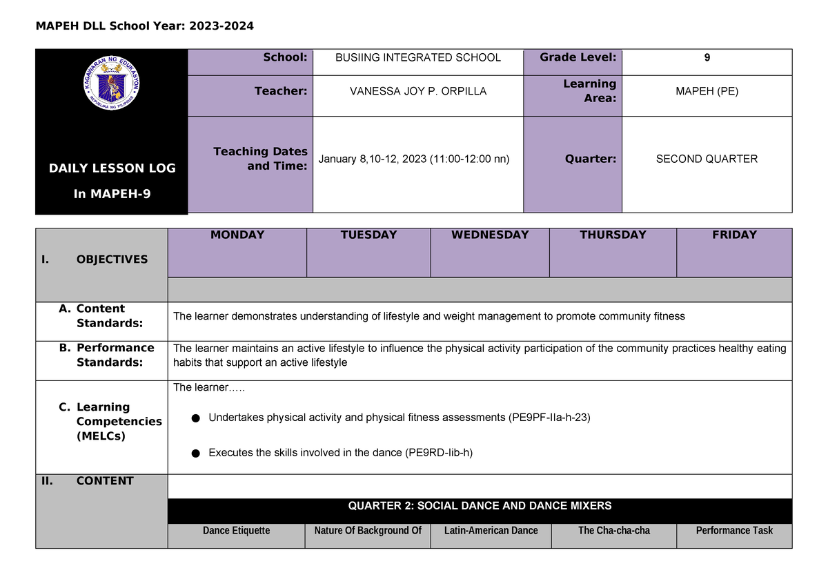 Q2 DLL- Mapeh 9 PE (1) - DAILY LESSON LOG In MAPEH- School: BUSIING ...