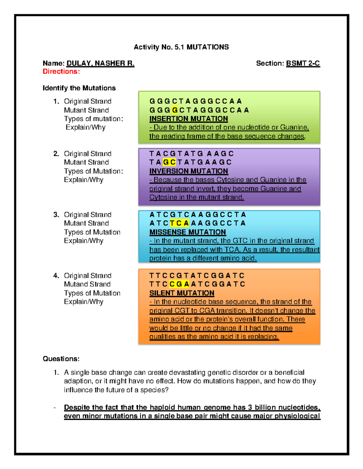 Activity No. 5.1 Mutations - Activity No. 5 MUTATIONS Name: DULAY ...