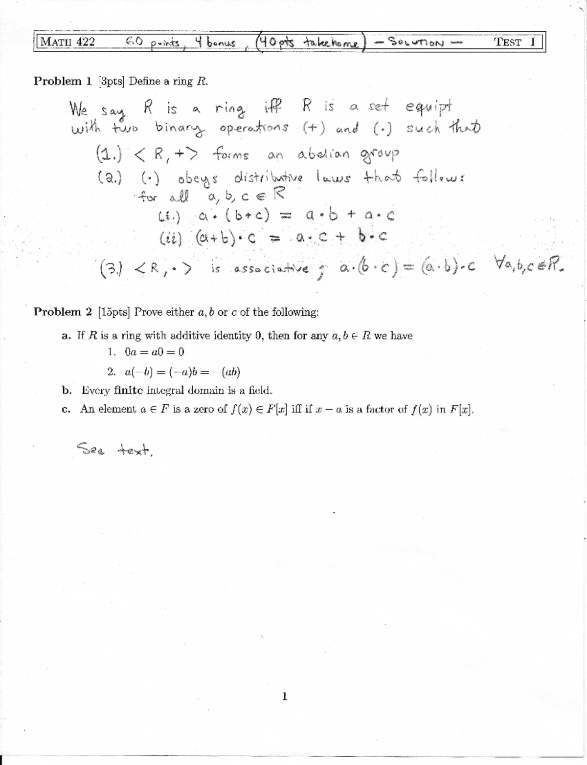 Math422 Test1soln - 422 GO bands hkzhom) w TEST I Problem 1 a ring R ...