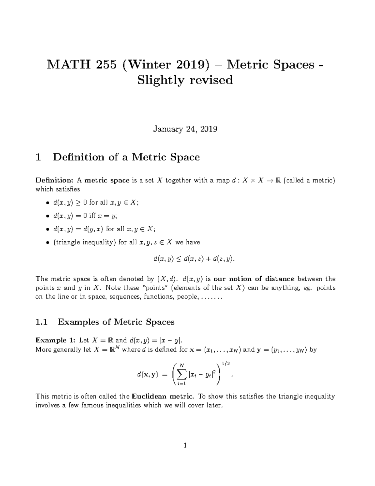 Notes Lecture 2 W2018 - MATH 255 (Winter 2019) – Metric Spaces ...