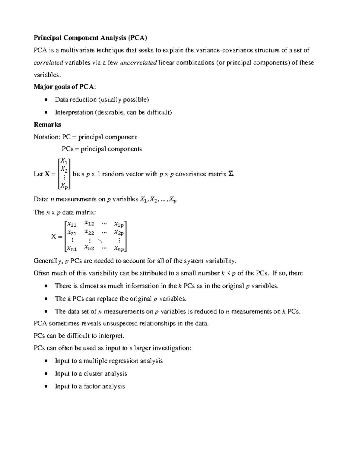Principal Component Analysis - Major goals of PCA : - Data reduction ...